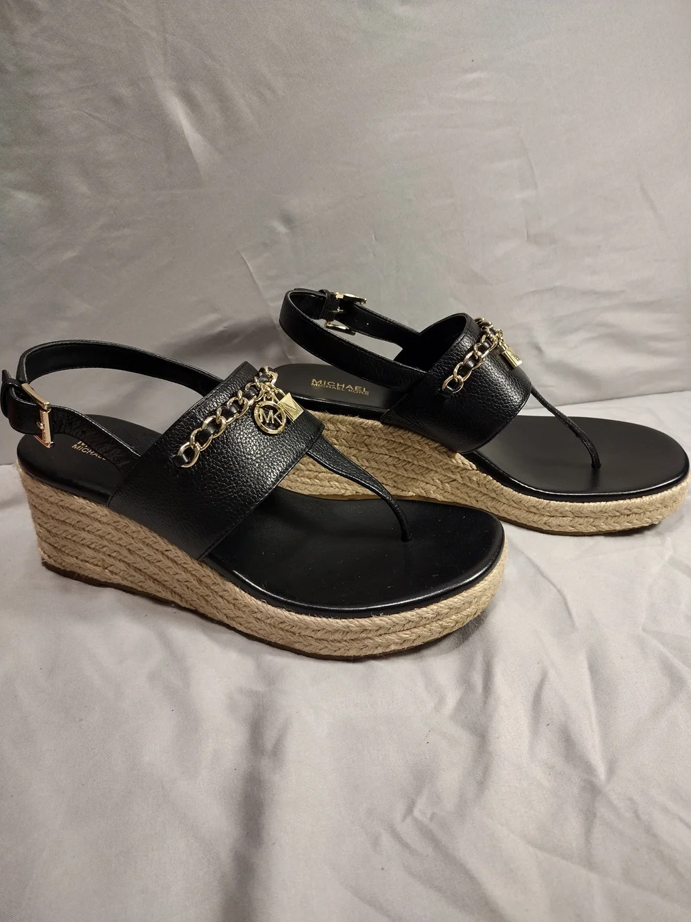 Michael Kors Black Leather Chain-Accent Espadrille Sandals